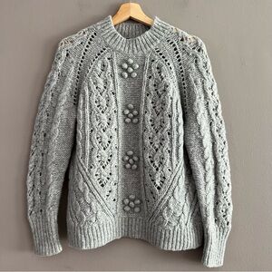 J.Crew Wool Alpaca Blend Cable Knit Pointelle Popcorn Flower Sweater Gray XSmall